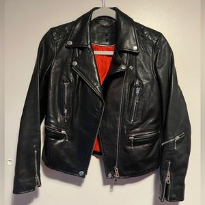Rag & bone black leather motorcycle jacket with red lining XS